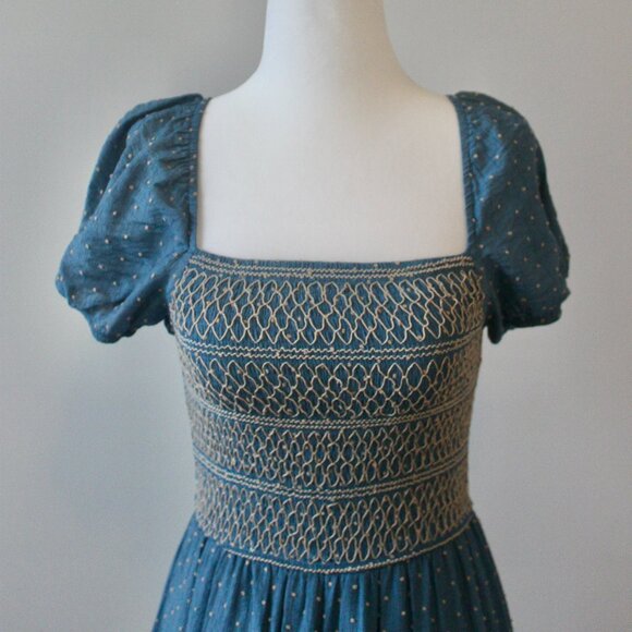 Moon River Teal Tan Smocked Square Neck Puff Sleeve Flowy Boho Midi Dress Small - Picture 3 of 7